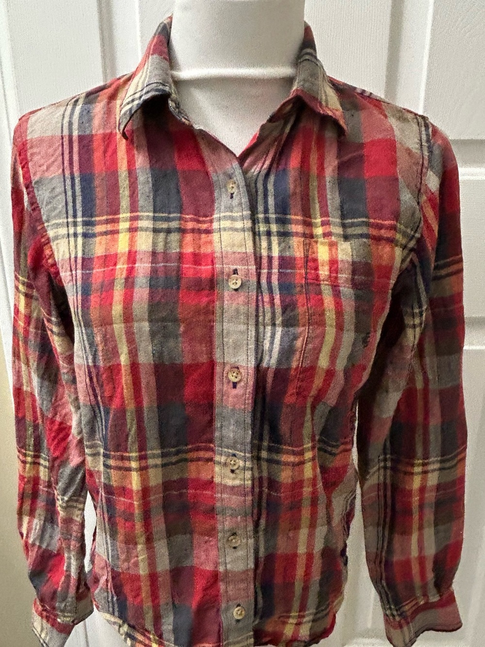 Lauren Linen Plaid Button-Up Shirt - Red Multi Size Petite